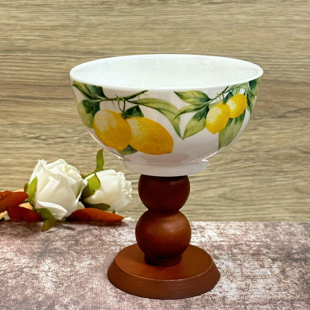 Bohemian French Retro Ceramic Dessert Bowl with Wooden Stem.