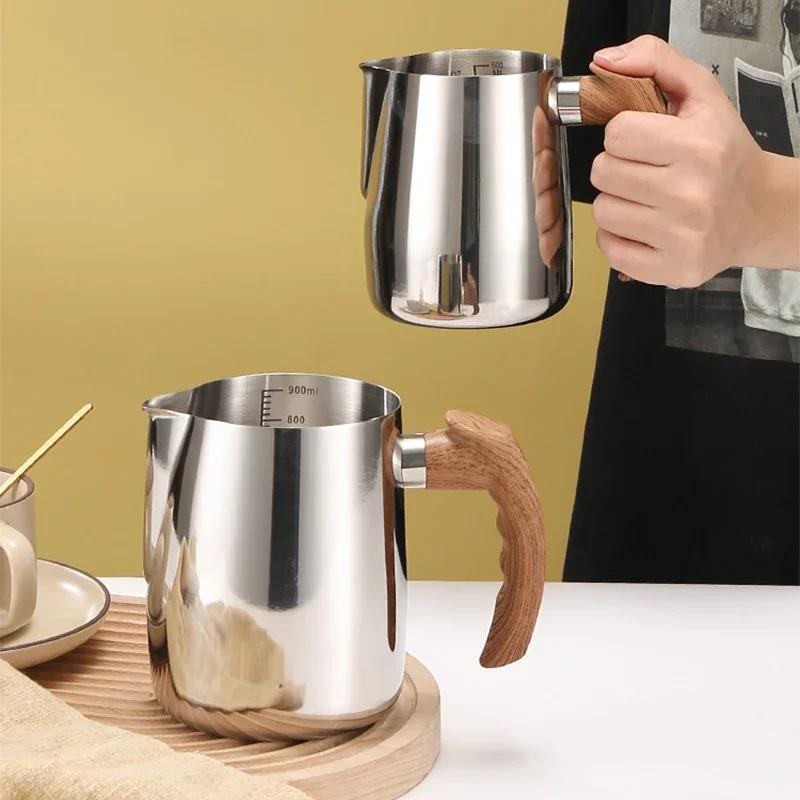 Coffee Milk Frothing Pitcher Jug 304 Stainless Steel with Scale Wooden Handle Eagle Spout Latte Coffee Kitchen Cafe Accessories
