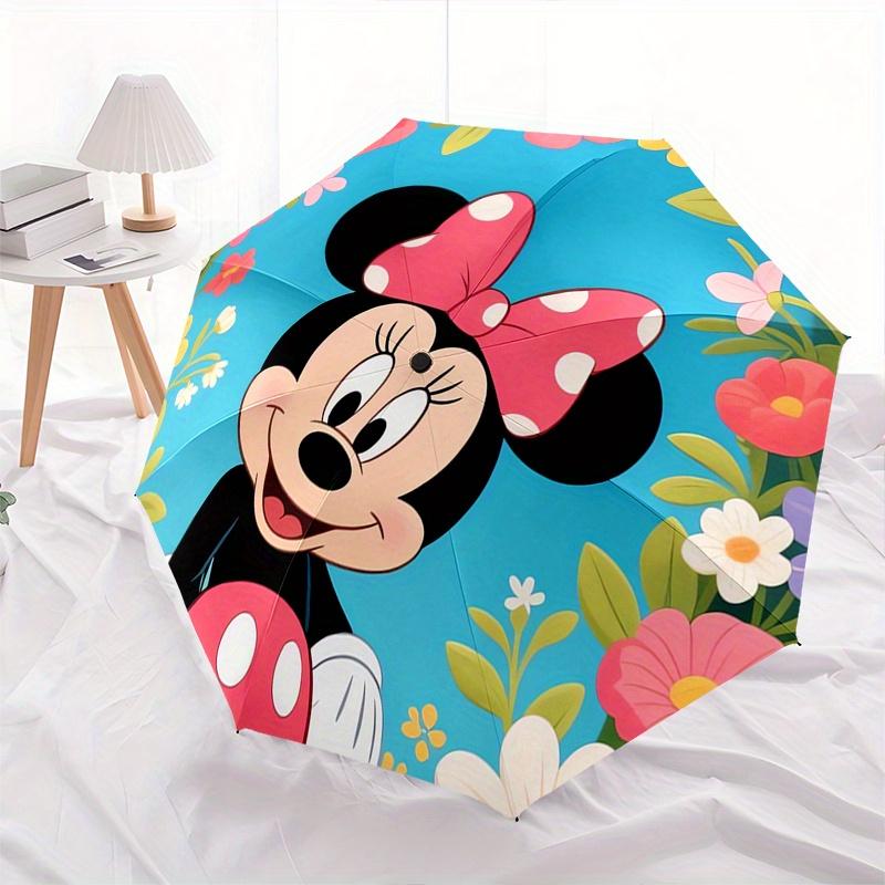 Minnie Mouse, Floral Background Automatic Opening and Closing Umbrella, Compact Travel Umbrella, Lightweight and Portable, Suitable for Beac