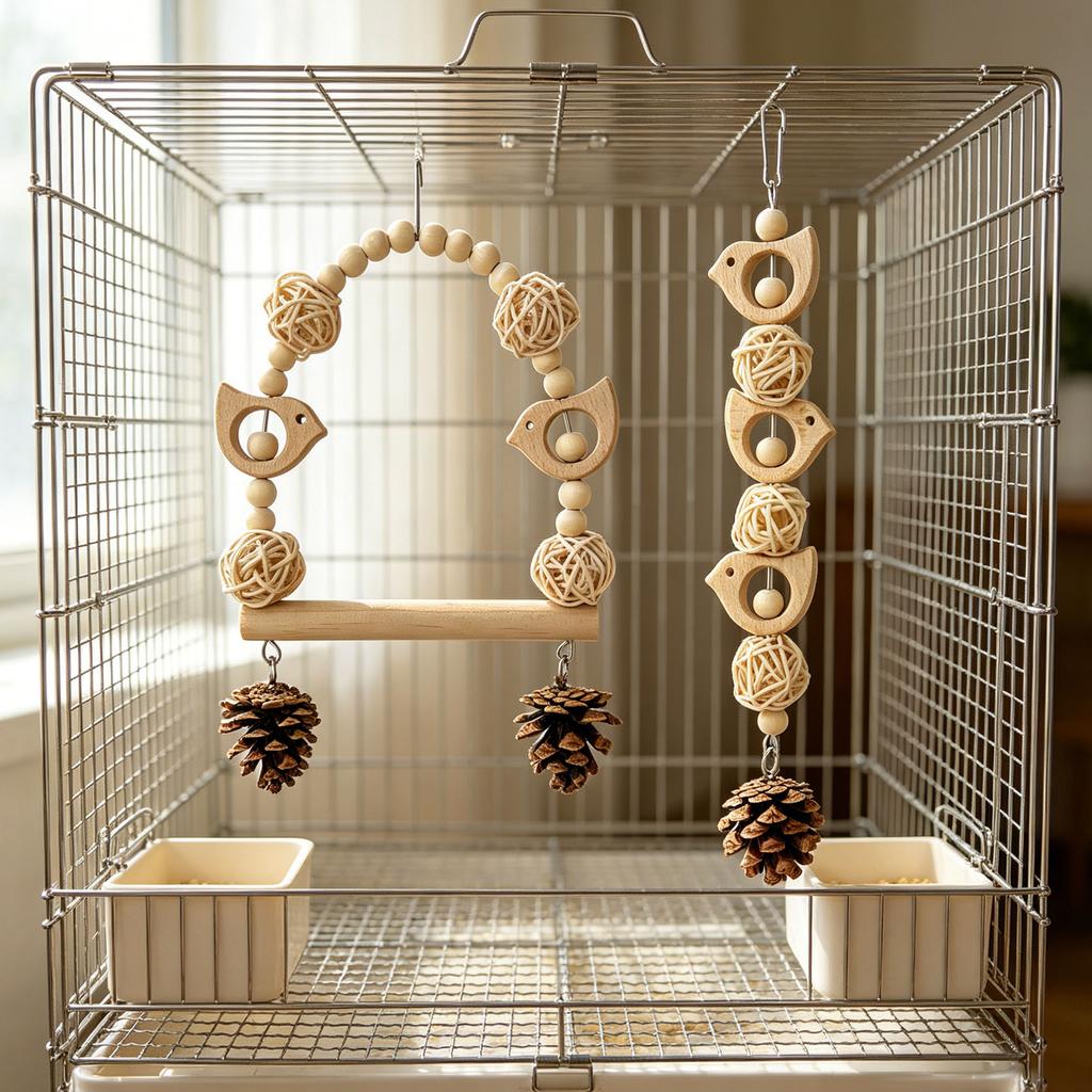 Holz Papageien Kauspielzeug | Schnabelpflege Zubehör Mit Zapfen & Rattankugeln, Vogel Schaukel & Kletterschnur Für Lovebirds, Wellensittiche Und Kleine Vögel