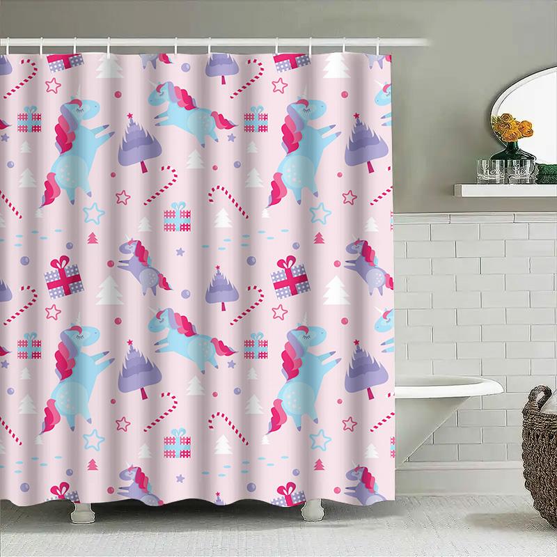

Christmas Shower Curtain Unicorn Candy Cane Pattern Decorative Bath Rug Liner Blue Pink Red White HX8027146359\n 90x180cm