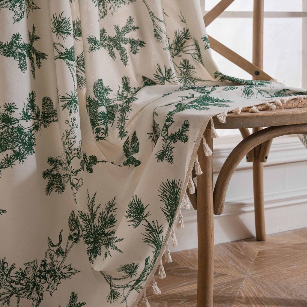 Green Floral Farmhouse Curtains Living Room Semi-Blackout Drapes Cotton Linen Boho Window Curtain with Tassel Decor, Rod Pocket