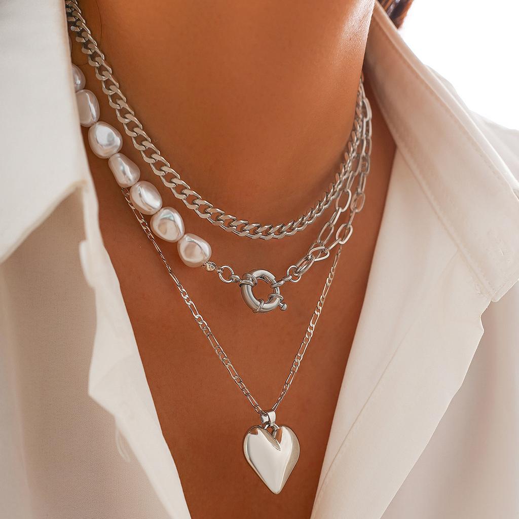 Sweet And Cool Style Metal Love Stacked Necklace Women, Fashion Imitation Pearl Chain Peach Heart Necklace
