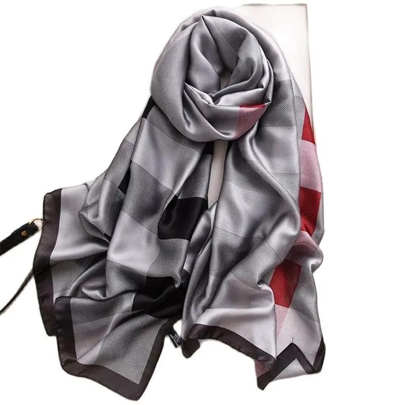 Designer Women Silk Scarf Luxury Plaid Long Satin Scarves Beach Pareo Stole Foulard Femme Bandana Hijab Lady Shawls Wraps
