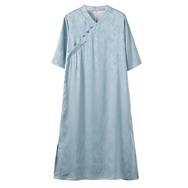 Johnature Women Chinese Style V-Neck Dresses Jacquard Half Sleeve Button Summer A-Line Female Vintage Dress