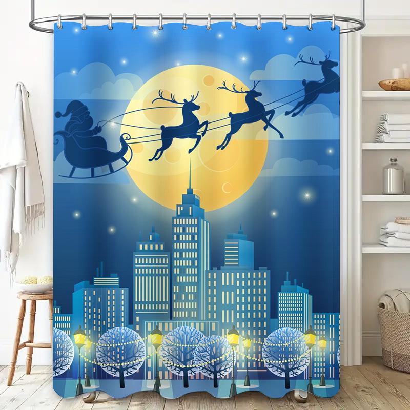 Tu Christmas Santa Claus Deer Reindeer Holiday Festive Shower Curtain Set Waterproof Bathroom Decor Modern Farmhouse Style Home