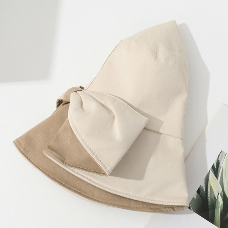 Women Big Bowknot Bucket Hat Solid Color Wide Brim Sun Protection Fisherman Panama Cap Sweet Girl Female Travel Beach Visors Hat