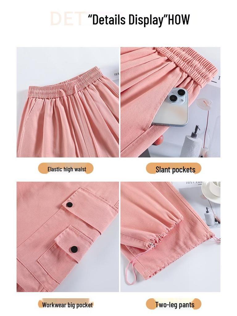 Damen High-Waist Retro Washed Baumwolle Cargohose, Lockeres Gerades Bein, Bodenlang, Aufgeschlagener Weiter Beinabschluss, Frühling Schlankmachender Stil.