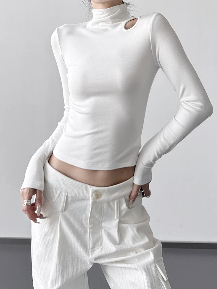 Women's Slim Fit Velvet Turtleneck Long Sleeve T-Shirt, Gray, 2025 Spring/Autumn/Winter Collection.