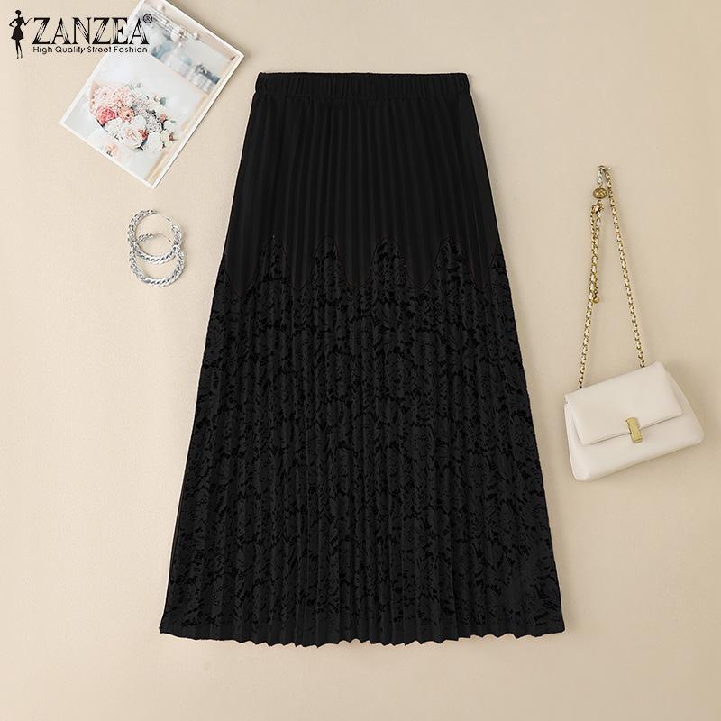 ZANZEA Women Elastic Waist Front Lace Patchwork Casual Pleated Skirts