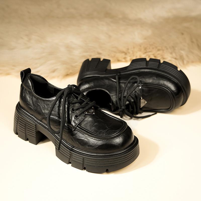 

Кожаные туфли на плоской подошве для женщин Huizhou, виноградные, такие же, маленькие кожаные туфли, черные, со шнуровкой, осенне-зимние, новые туфли на платформе 34 чёрный