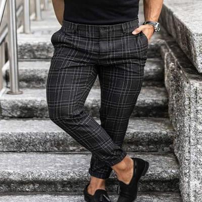 Mens Check Pants Slim Fit Soft Stretch Casual Long Trousers Work Office Business