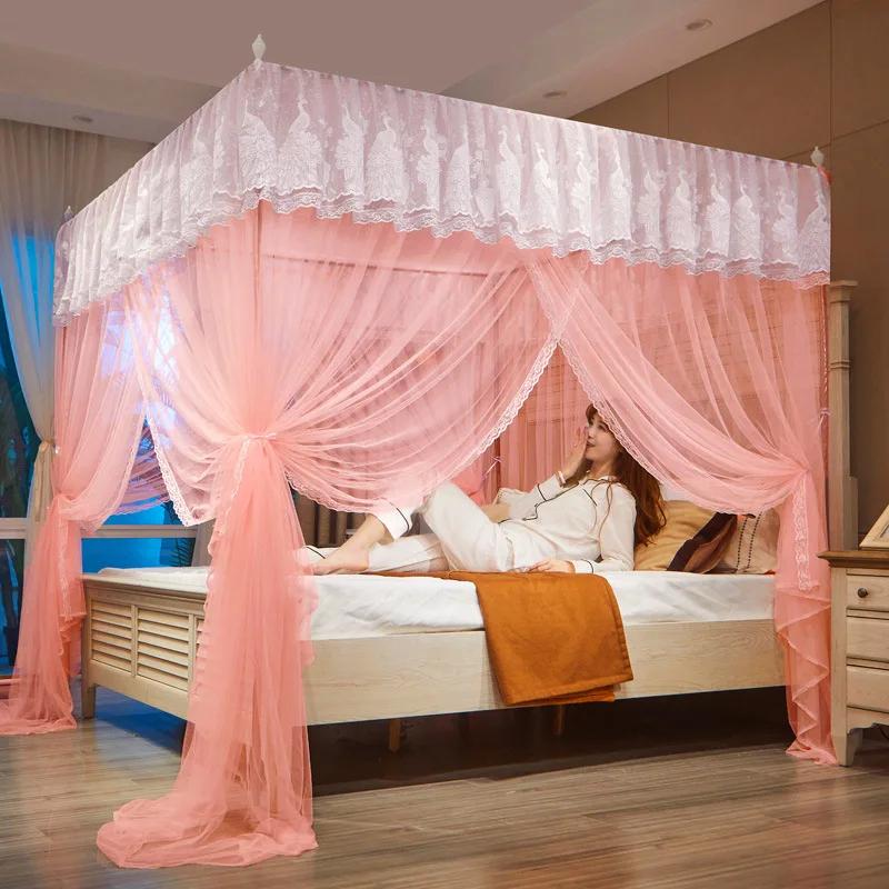 Summer Three-door Lace Palace Mosquito Tent with Stainless Steel Bracket Square Princess Mosquito Net QueenDouble Bed Net Canopy