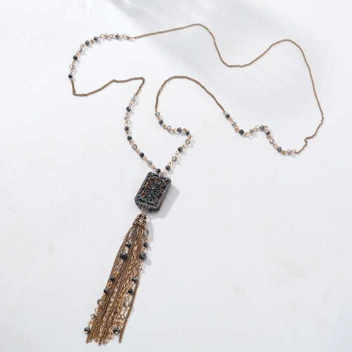 Fashion Ethnic Alloy Metal Multi Layer Chain Tassel Geometry Pendant Necklace