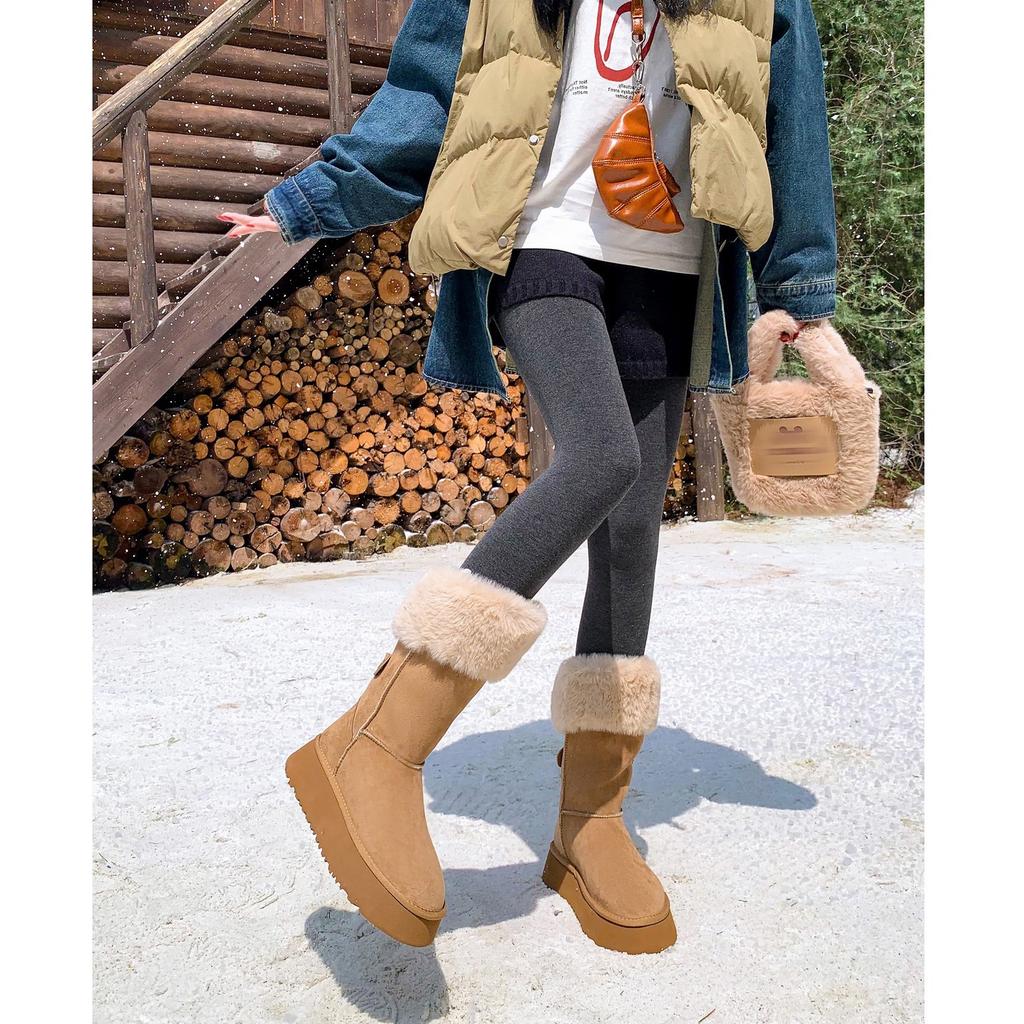 Women's fashion lightweight height-enhancing soft sole winter warm fur one snow boots padded mid-calf lined non-slip casual sports cotton boots