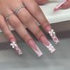 24Pcs Long Square Press On Nails Leopard Print French 3D Cherry Design False Nail Rhinestone Wearable Full Cover Fake Nails Tips