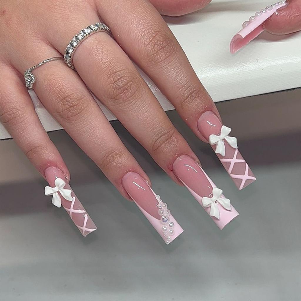 24Pcs Long Square Press On Nails Leopard Print French 3D Cherry Design False Nail Rhinestone Wearable Full Cover Fake Nails Tips
