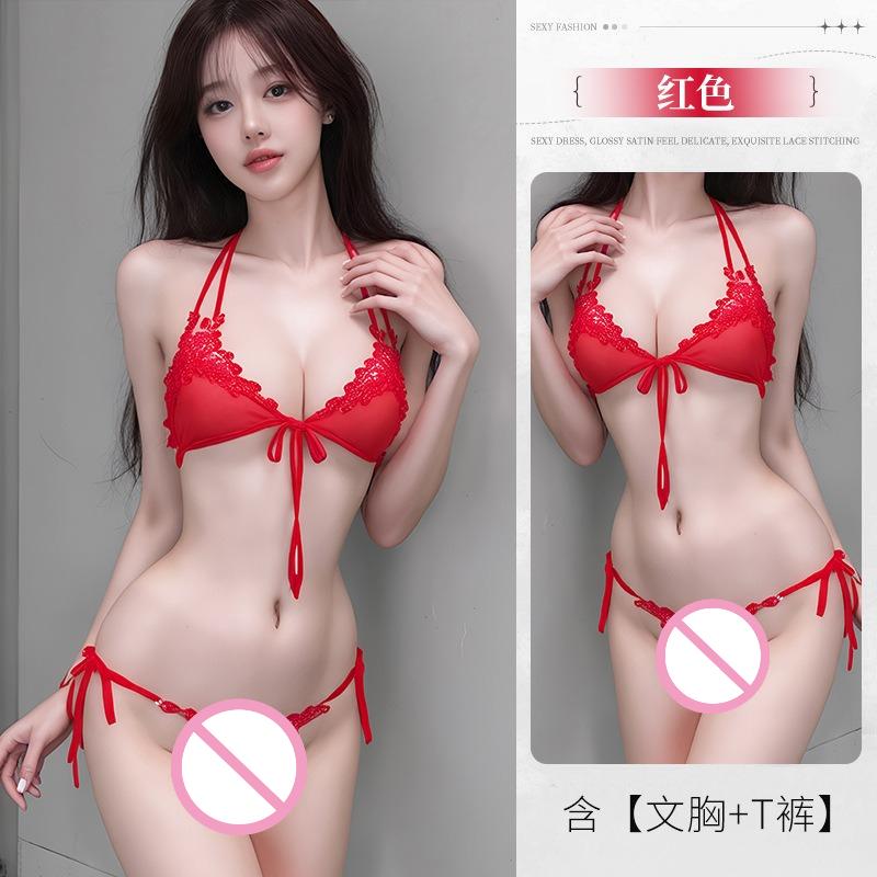 M-3XL Large Size Women Lingerie Set 2pcs Sexy Bandage Mesh Bra Open Crotch Thong Pajama Sets Perspective Porn Bikini Sleepwear