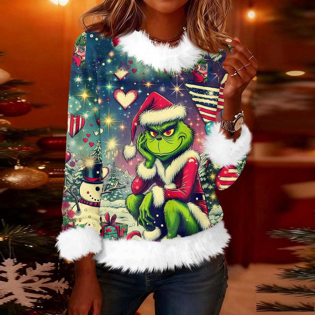 Women's Fashionable Christmas Printed Round Neck Long Sleeved Casual Pullover T-shirt Top