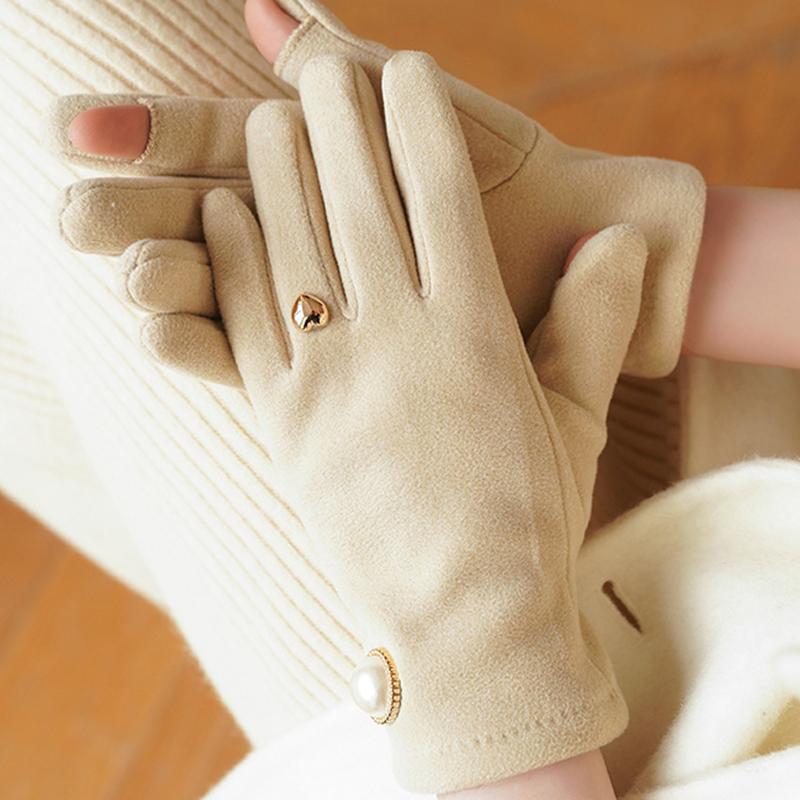 WTEMPO 2 Paar Samt Retro Elegant Perle Warm Vollfingerhandschuhe Herbst Winter Winddicht Kältefest Touchscreen Klapphandschuhe