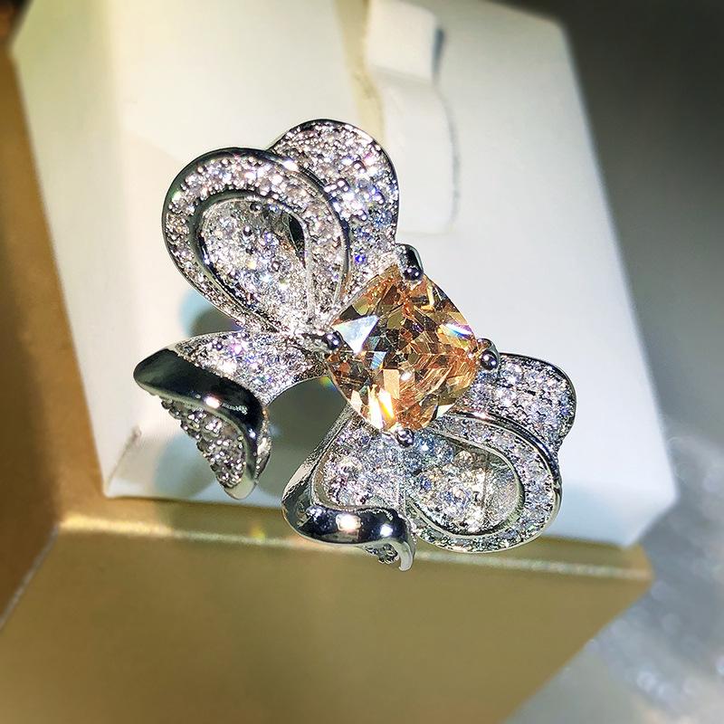 Elegant Three-dimensional Bow Ring  Copper Micro-encrusted Diamond Zircon Ring Cocktail Party Wedding Jewelry