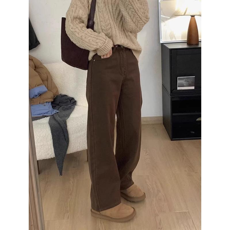 Autumn and winter velvet thermal jeans women's brown brown high waist loose wide legs mopping straight pants