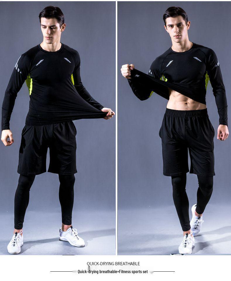Pánské rychleschnoucí sportovní oblečení z ledového hedvábí s těsným střihem: Set s krátkým rukávem a pětibodovými kalhotami na letní fitness a běh