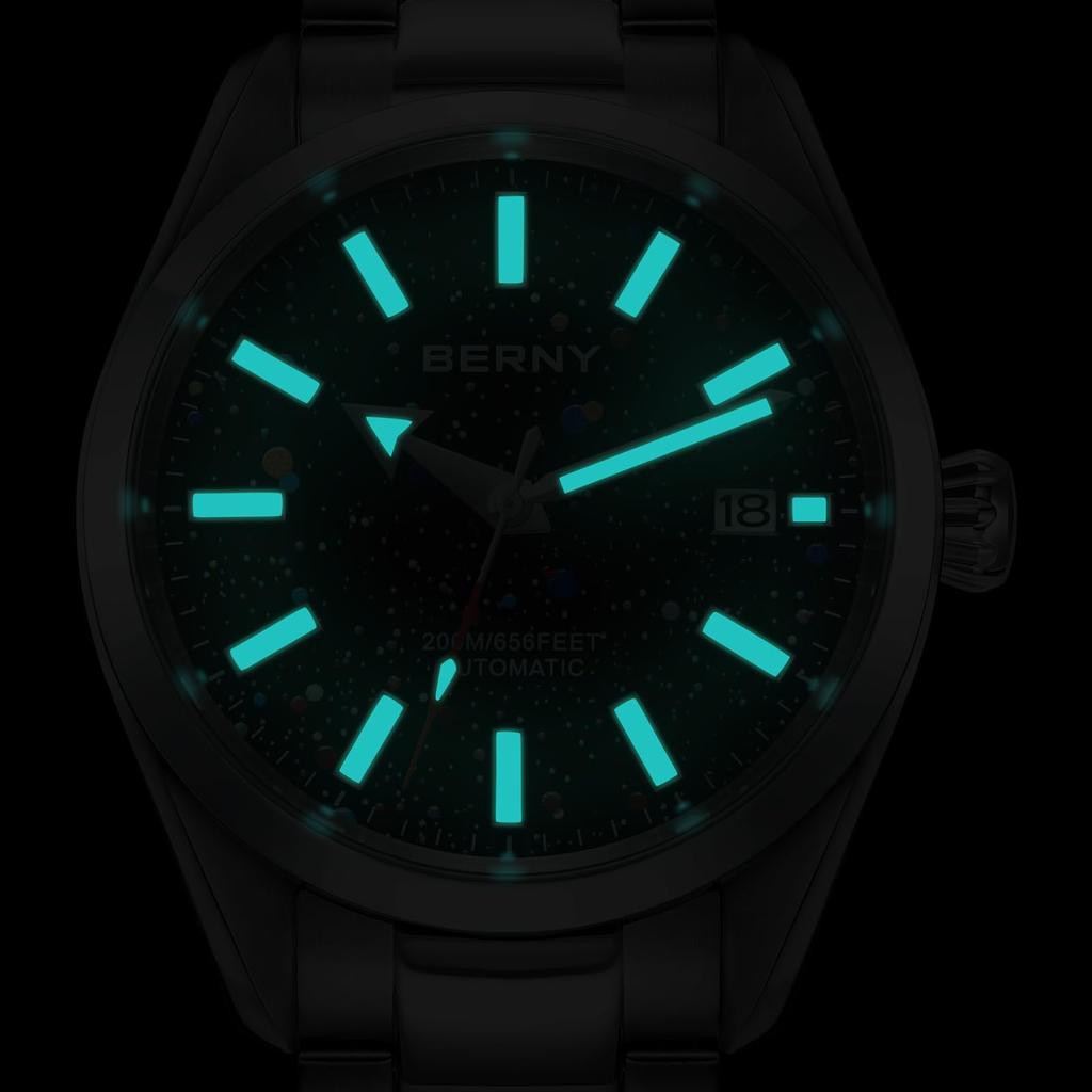 BERNY Automatic Watch for 200M Waterproof Super Luminous Mechanical Full Stainless Analog Sapphire Calendar Included Men, Men's Watch, Silver, Watch,