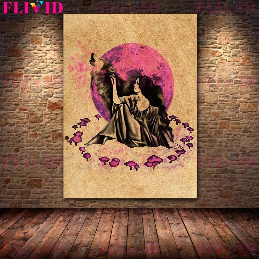 Wolf Woman And And Moon Wicca Vintage Wall Art Canvas Painting Daughters Of The Moon Art Poster And Print Home Decor No Frame