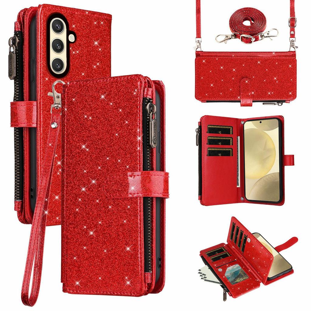 ASUWISH For Samsung Galaxy A54 5G Case 10 Card Holder Glitter Leather Phone Cover with Crossbody Strap