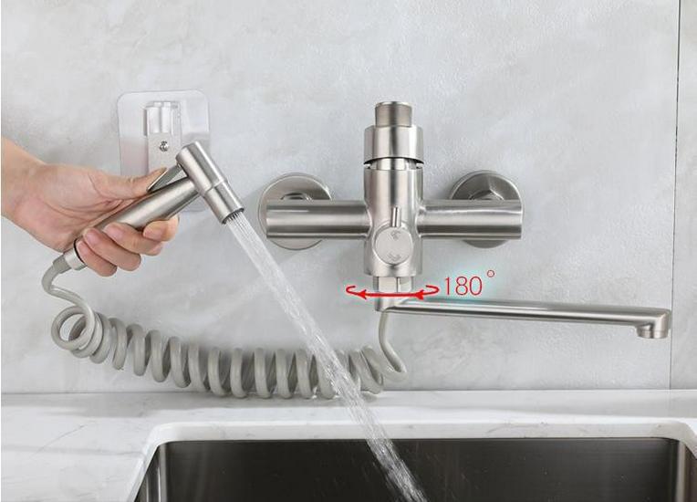Wandkraan van Roestvrij Staal met Verlengde Uitloop en Mengkraan voor Badkamer of Keuken