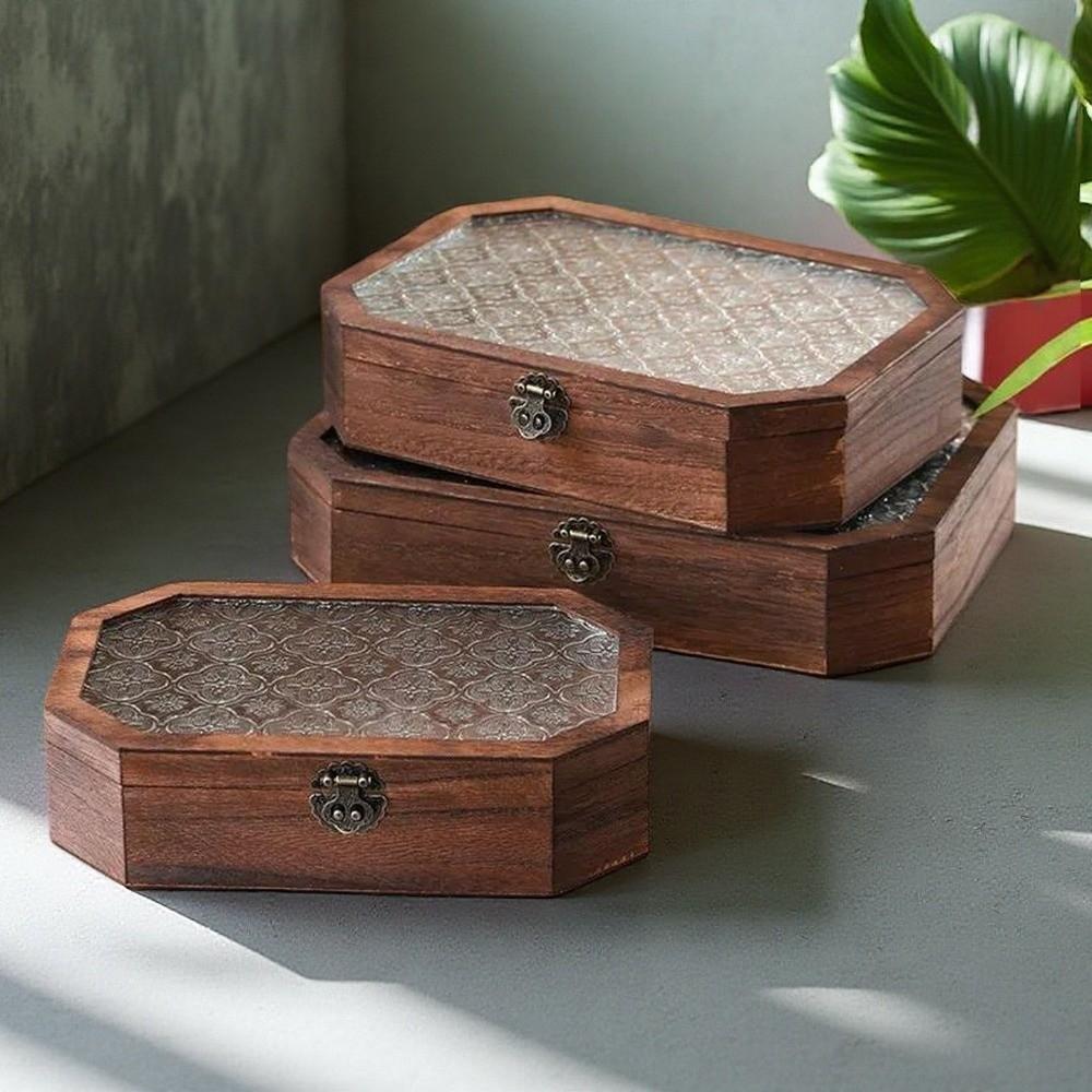 Vintage Wooden Storage Box Begonia Flowers Cosmetic Organizer Storage Cabinet  Treasure Keepsake