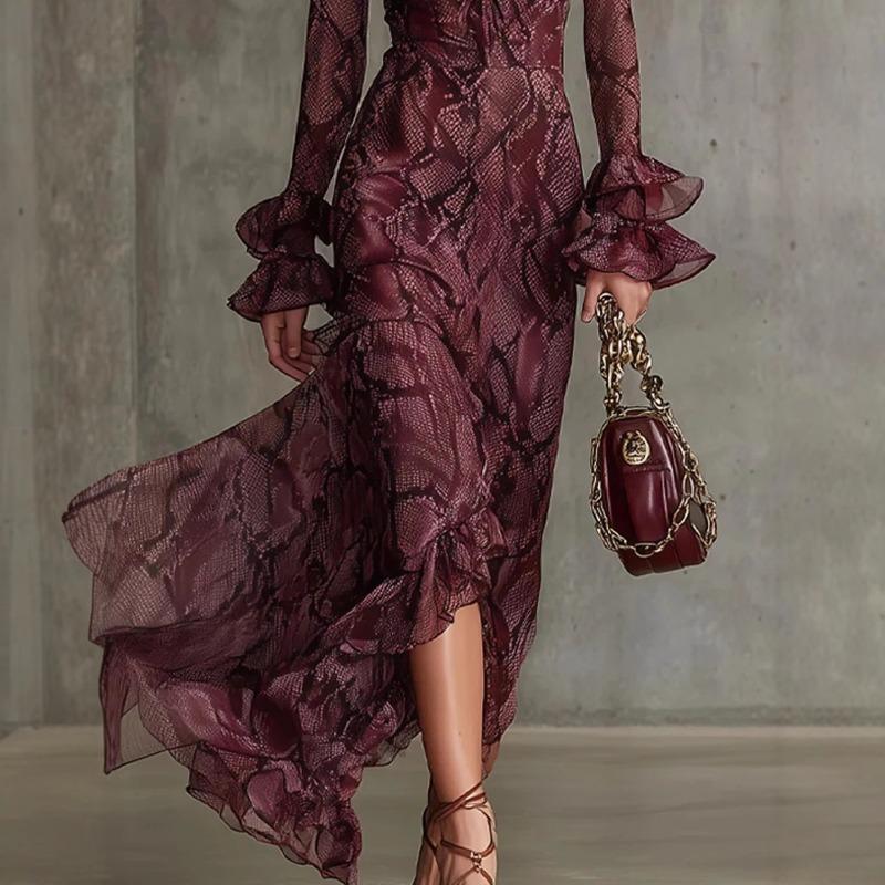 2 Women's Clothing, Flared Sleeve Tether V-Neck Dress Long Sleeve Dress Long Dress