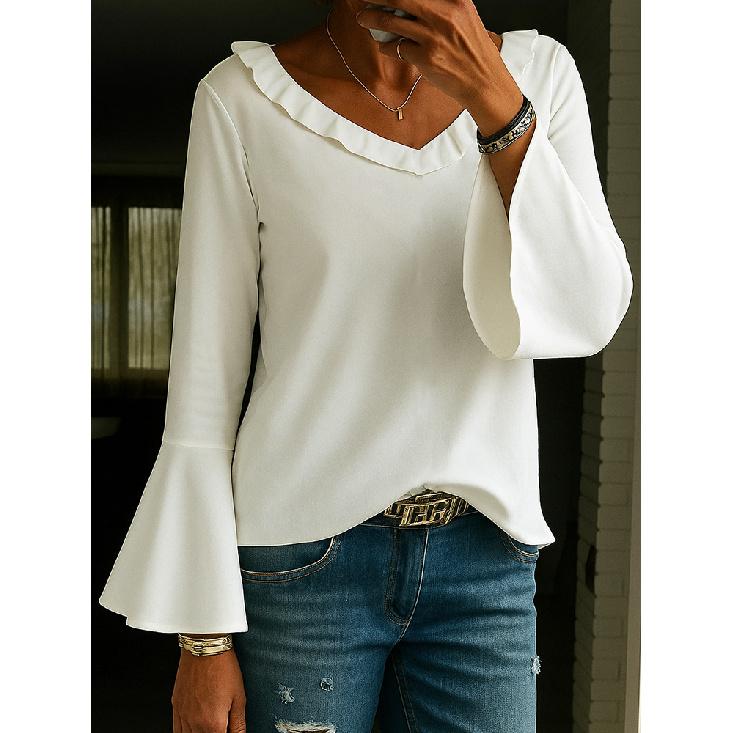 2026 New Women s Casual Long-Sleeve V-Neck Solid Color Simple Top Bell Sleeve T-Shirt S белый