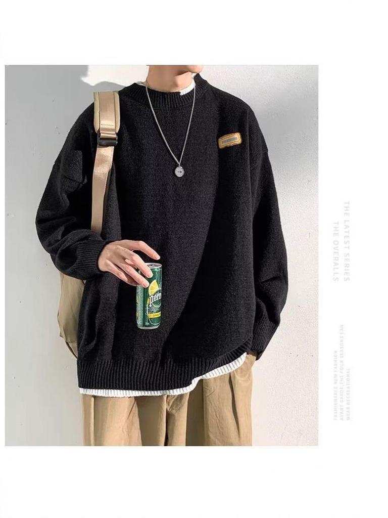 Hong Kong Style Men's Winter Fake Two-Piece Round Neck Sweater - Thick, Loose, Warm Knitwear