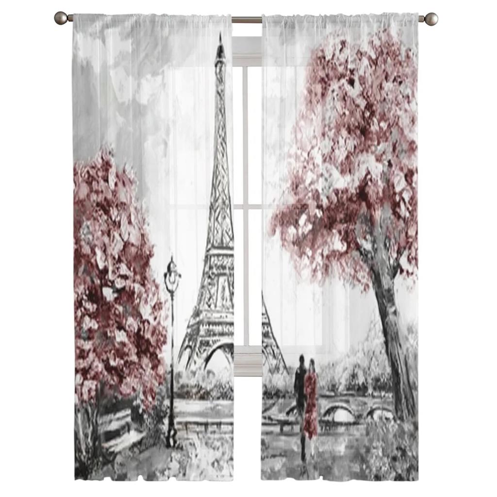 Oil Painting Street View Paris Sheer Curtains Bedroom Voile Curtain Living Room Window Sheer Curtains Kitchen Tulle Drapes