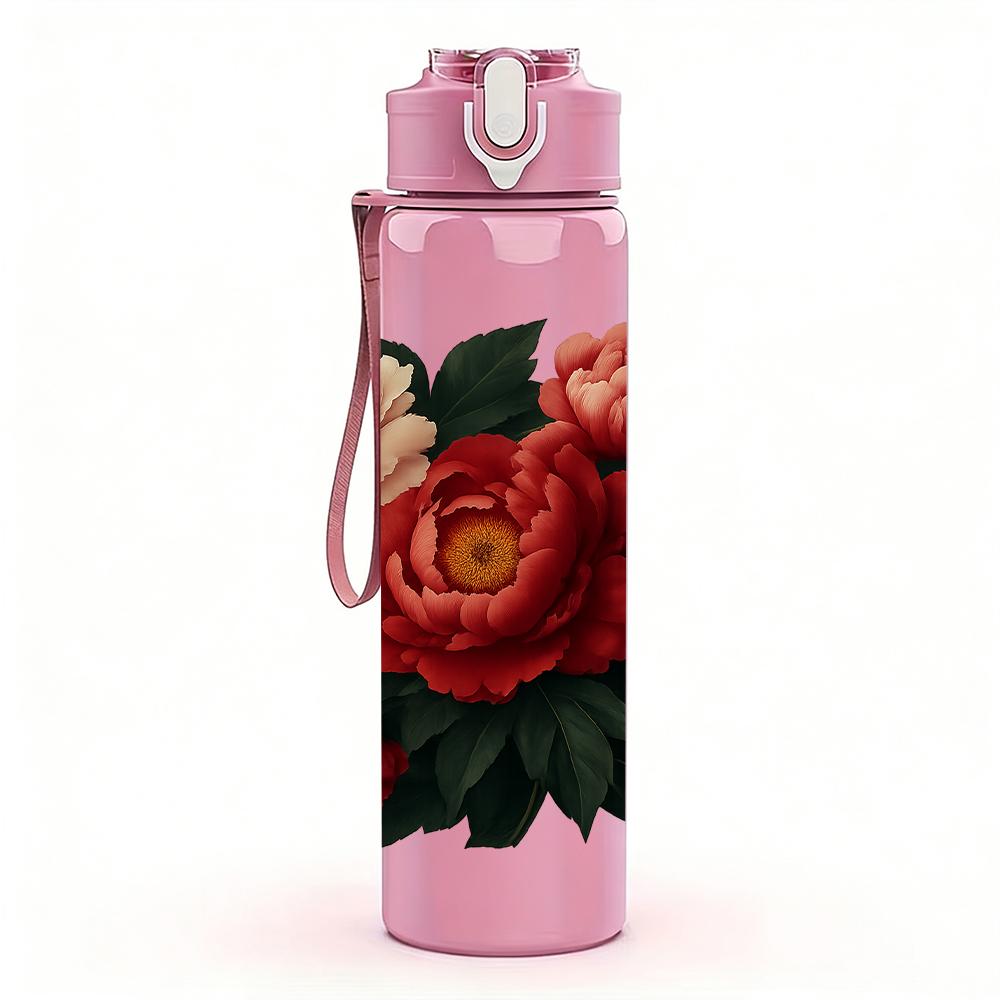 1PC Red Peony Rose Flower Cluster 750ml Color Plastic Sports Water Bottle Leakproof Flip Straw Lid For Sports Office Home Use