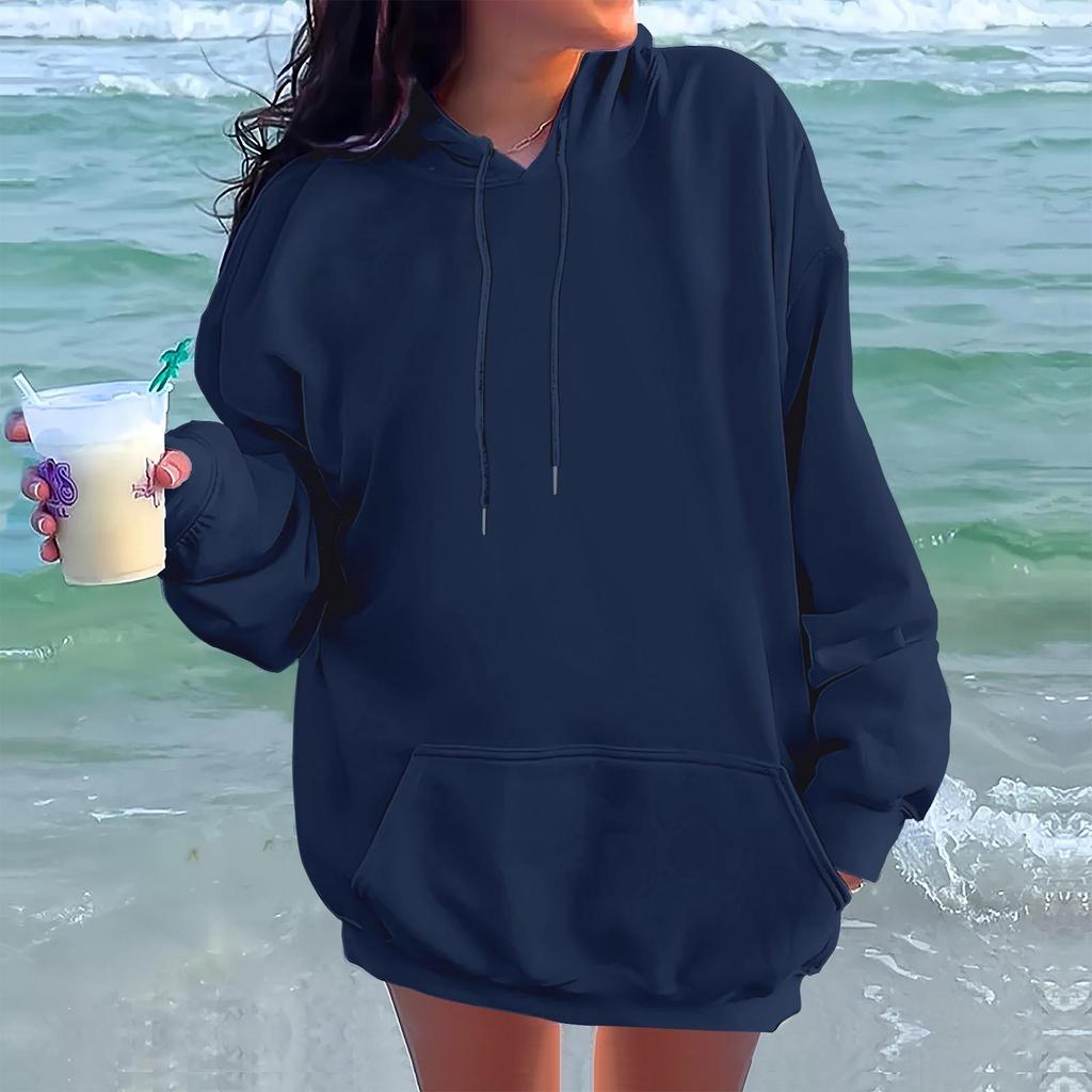Ladies' Fashionable Casual Long Sleeved Round Neck Hooded Solid Color Hoodie With Threaded Thread
