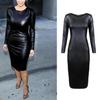 Women's Fashion Sexy Long Sleeve Round Neck Faux Leather Dress Slim Party Dress