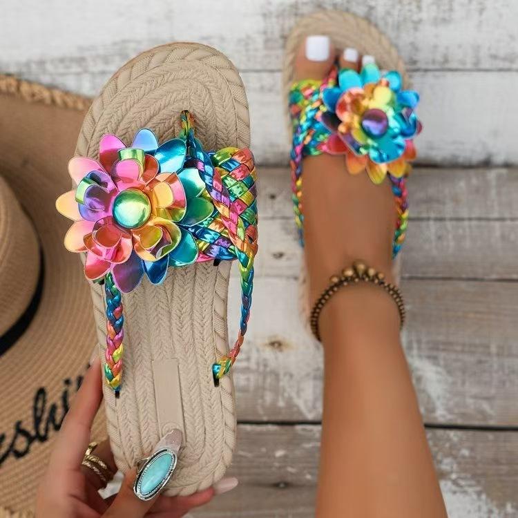 South East Asia foreign trade large size colorful flowers toe cool slippers summer new hollow woven beach women's shoes