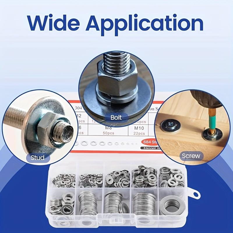 Polished Stainless Steel 180pcs Washers - O Ring Fasteners Gasket Set, M2-M10 Sizes, Durable Material, for DIY Projects / Machinery / Electronics