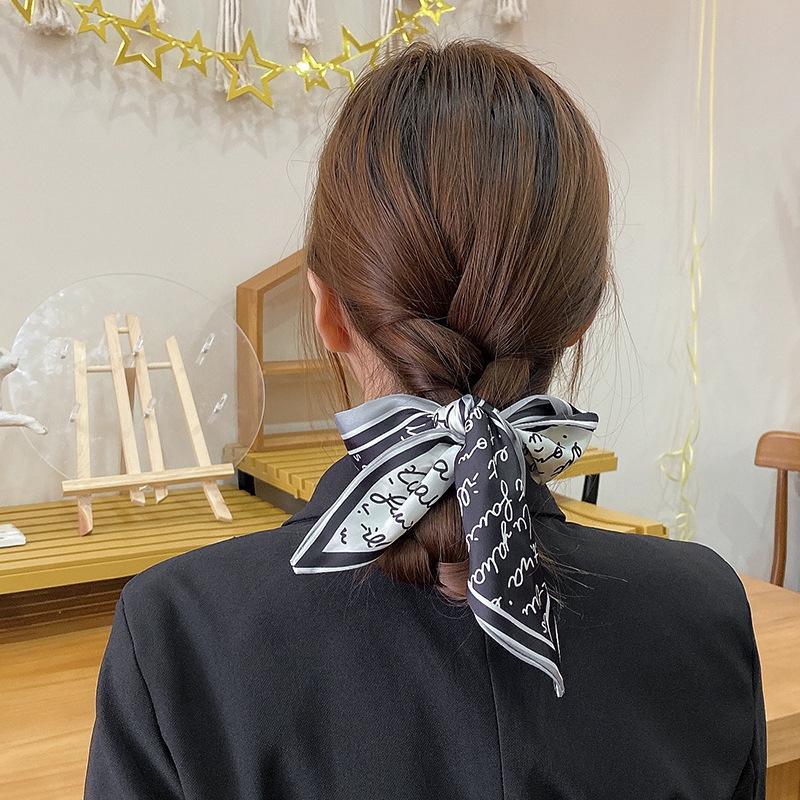 Fashion Printing Silk Hair Scarf for Women Chiffon Long Ribbon Ponytail Ties Headbands