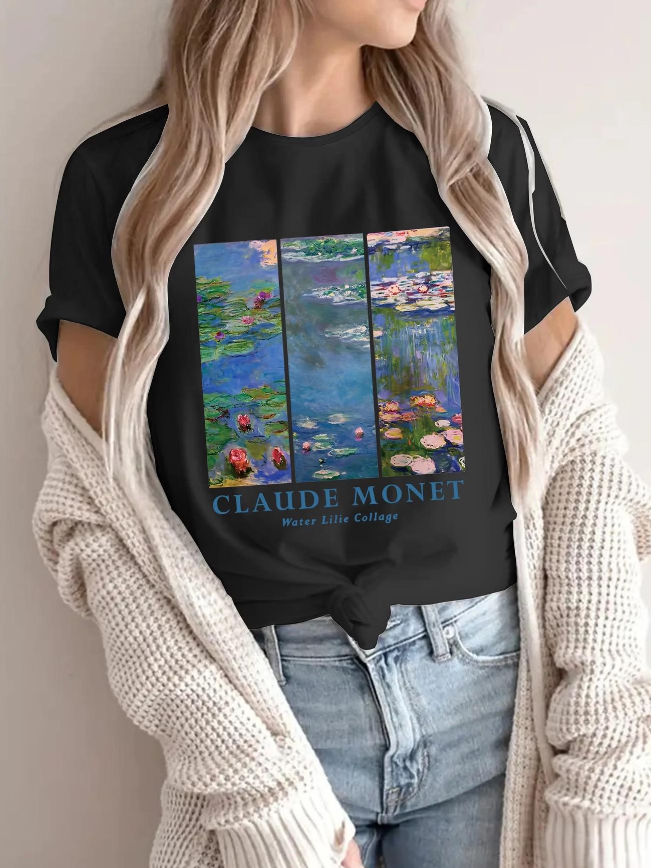 Vintage French Impressionism Art T-Shirt Claude Monet Water Lilies Print Harajuku Aesthetic Loose Top Casual Fashion Clothes S чёрный