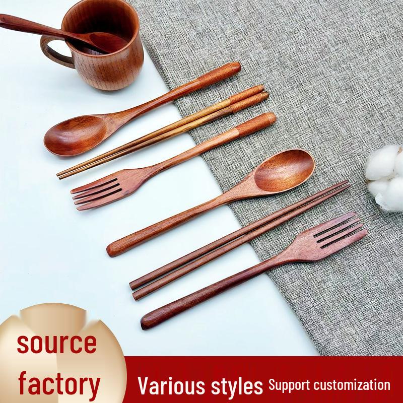 Phoebe Wood Spoon, Fork, and Chopsticks Set - Portable, Wrapped, and In Stock for Household Use
