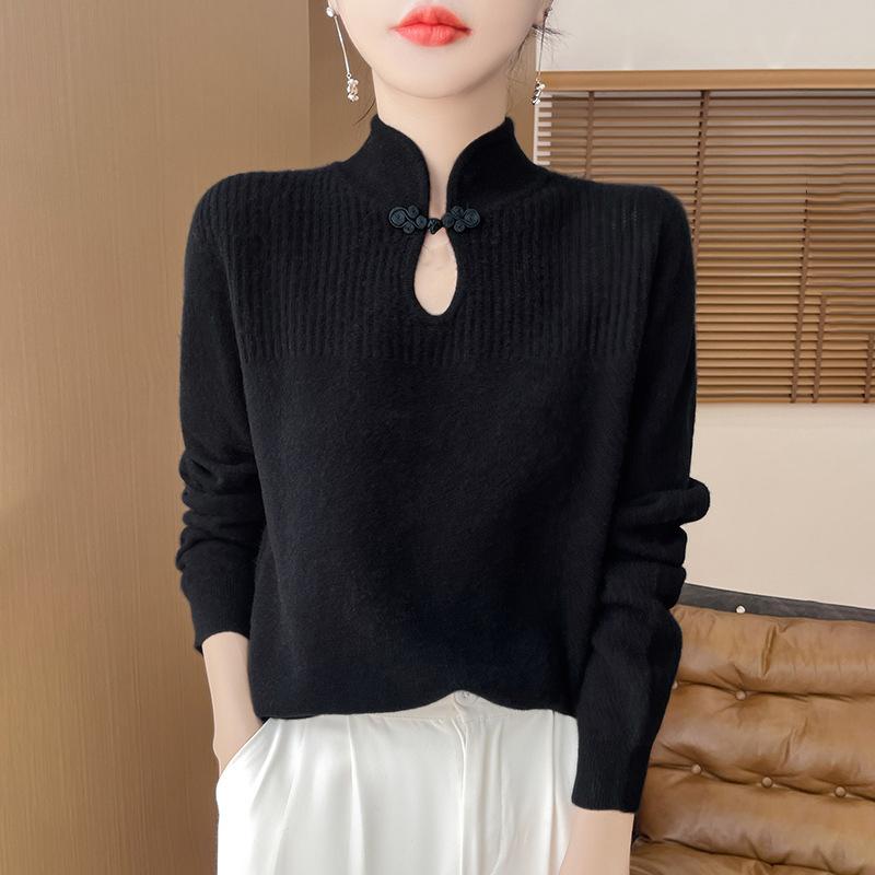 Women Wool Sweater Mandarin Collar Pullover Chinese Style Cashmere Bottoming Knitwear Retro Long Sleeve Clothing XXS