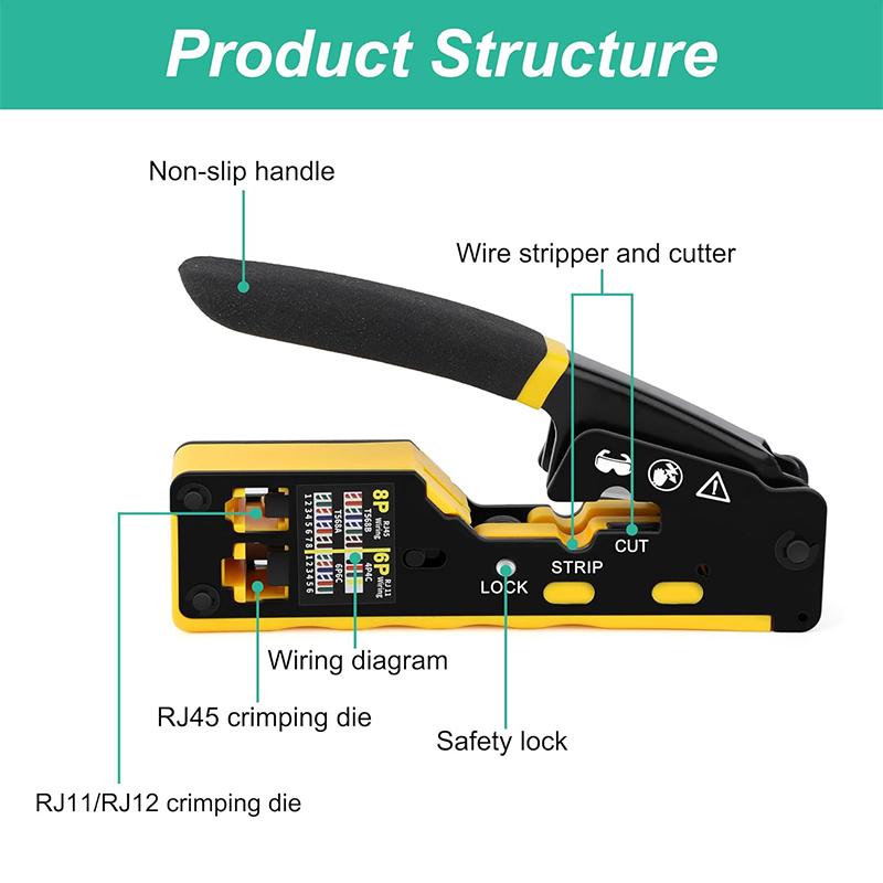 RJ45 Crimp Tool Kit Pass Through Cat6 Crimping Tool For Cat5 Cat5e Cat6 8P8C Connector, All-in-one Ethernet Crimper