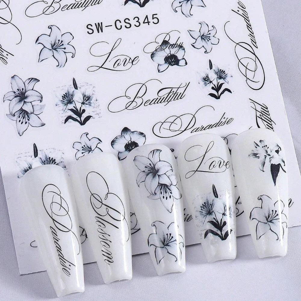 2Pcs Lily Letter Nail Stickers, Black and White Ink Painting Floral & Letter Self-Adhesive Nail Decals