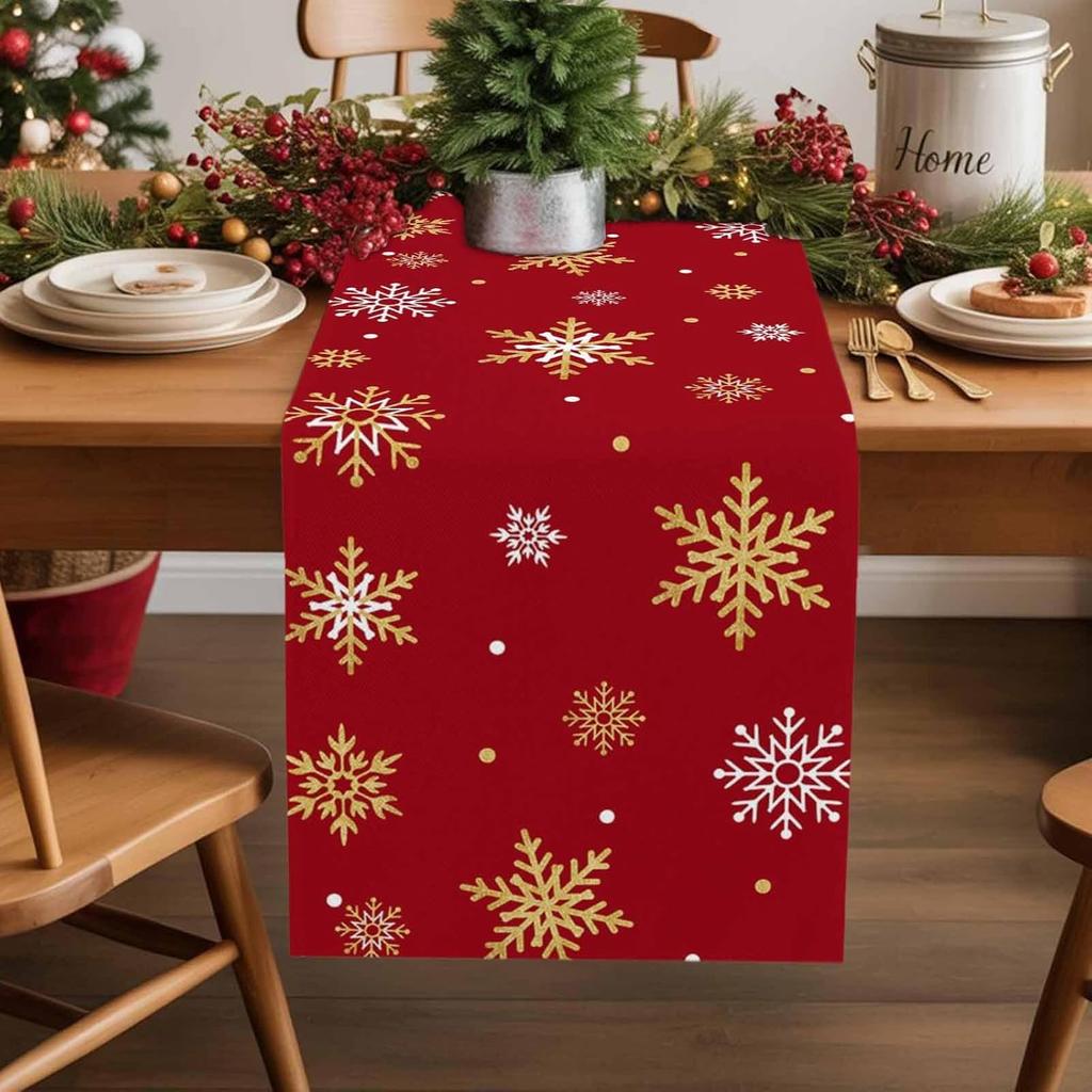 Christmas Golden Snowflake Linen Table Runner Party Decor Winter Xmas Holiday Kitchen Dining Table Runner Christmas Decorations