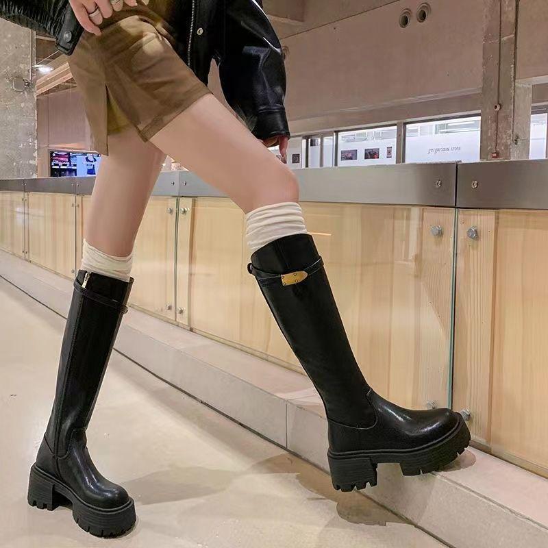 Women's Knee-High Rider Boots with Slanted Chunky Heel and Metal Buckle - Autumn/Winter 2025 Collection