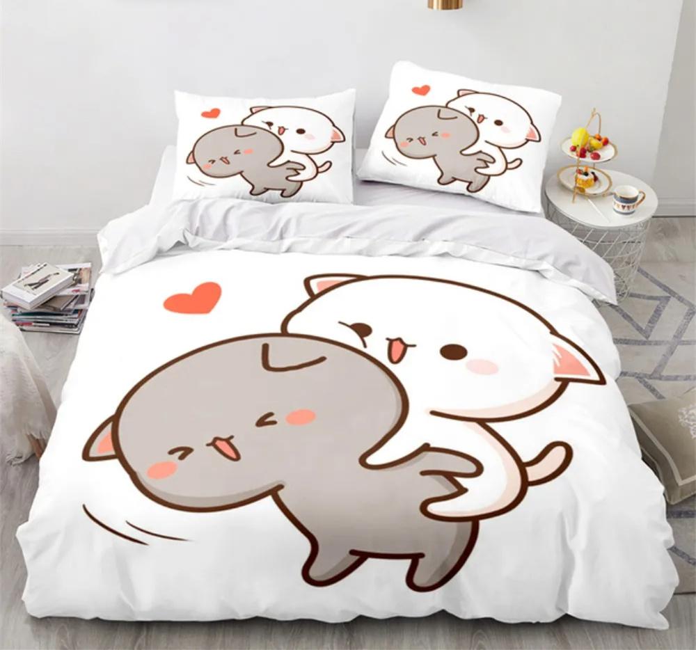 Peach Cat Bedding Quilt Cover Set 3Pcs Bedding Set Goma Cute Cats Duvet Cover Infantil Bedclothes Single Double Queen King Size